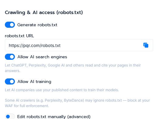 The Crawling and AI access section with the robots switch, the robots URL and the AI switches