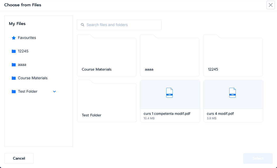 Choose from Files picker showing the folder tree and the funnel delivery files