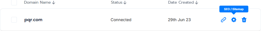 Domain row with the SEO / Sitemap gear button highlighted