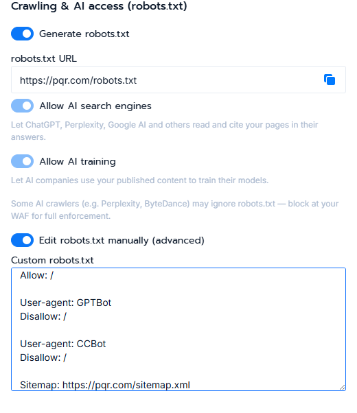 The advanced editor turned on showing the custom robots.txt text box