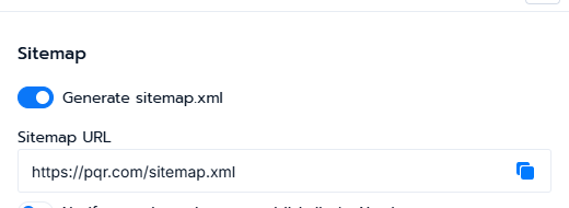 The Sitemap section with the generate switch, the sitemap URL and the IndexNow switch