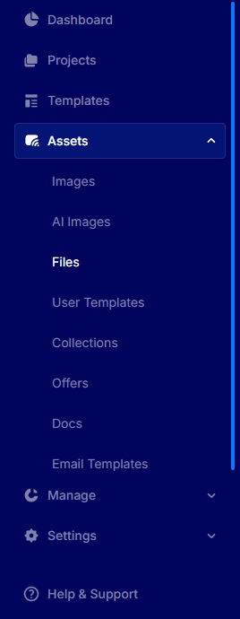 Sidebar with the Files item highlighted under the Assets group