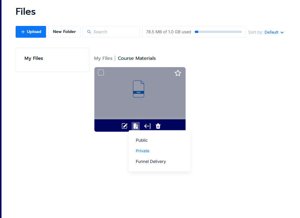 File card with the Change access menu open showing Public, Private and Funnel Delivery