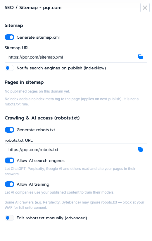 The full SEO and Sitemap panel with all sections visible
