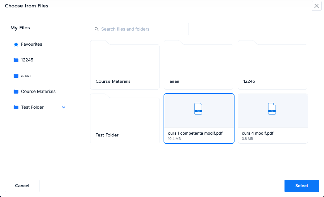 Choose from Files picker with a file highlighted and the Select button enabled