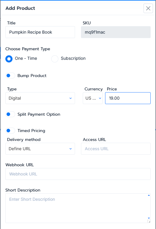Add Product modal in its default state with Delivery method set to Define URL